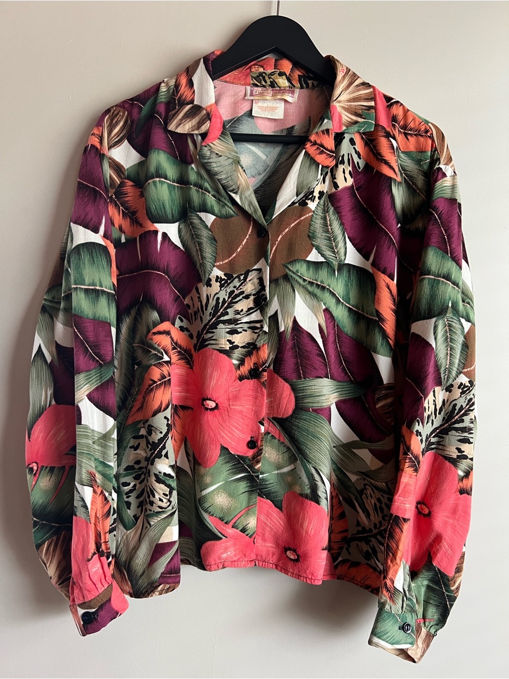 Vintage Functionals Tropical Floral Blouse Rayon Button Up Leaf Print Retro Top